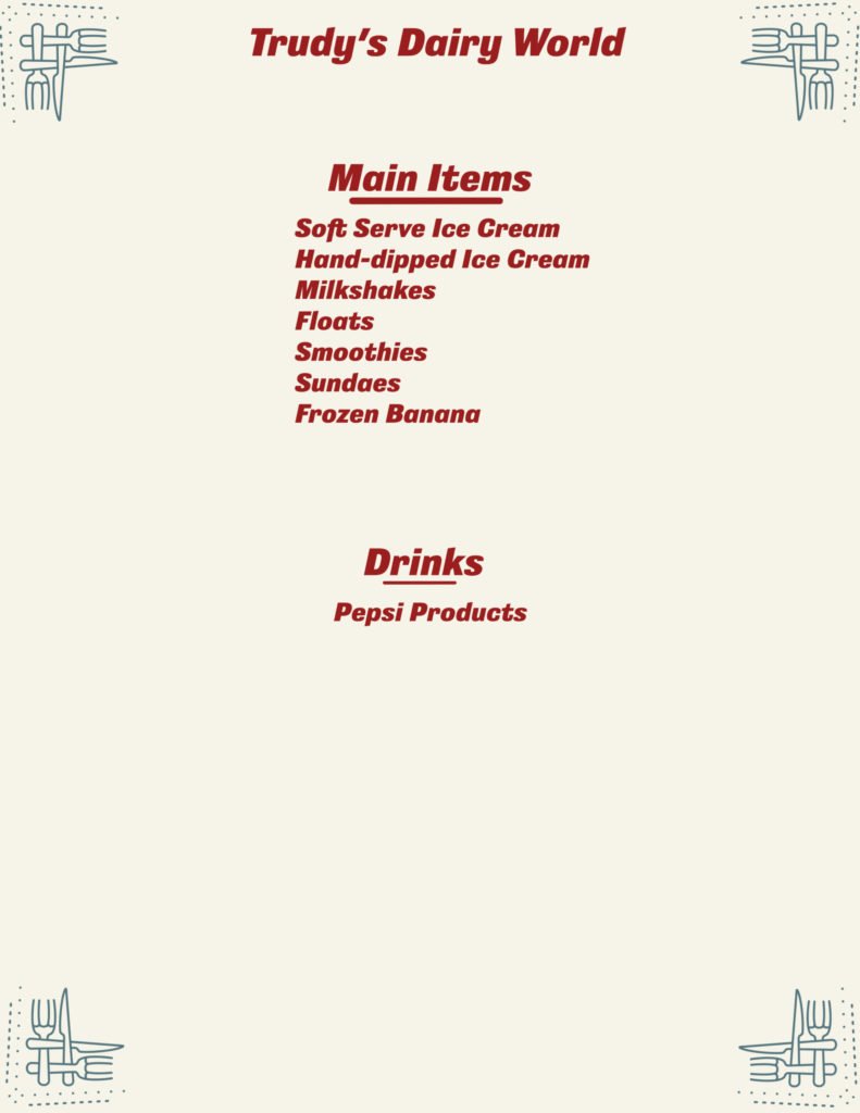 Trudys Dairy World Menu scaled 1
