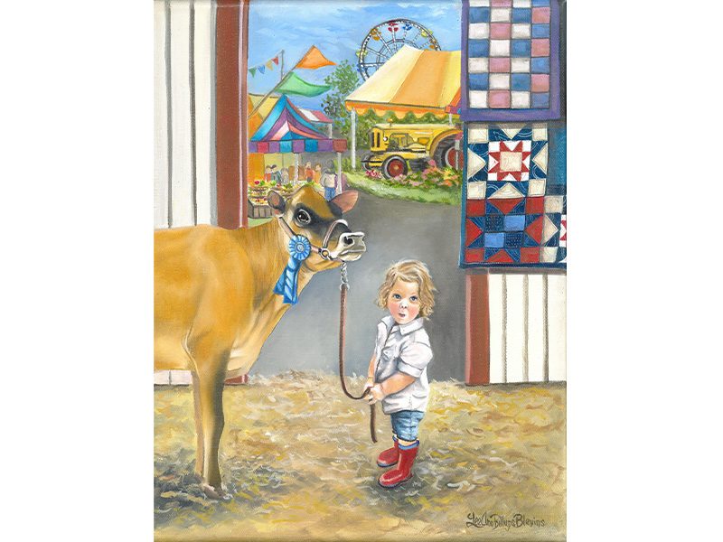 Painting of a small toddler standing in a barn holding the reins of a cow with a view of the state fair in the background