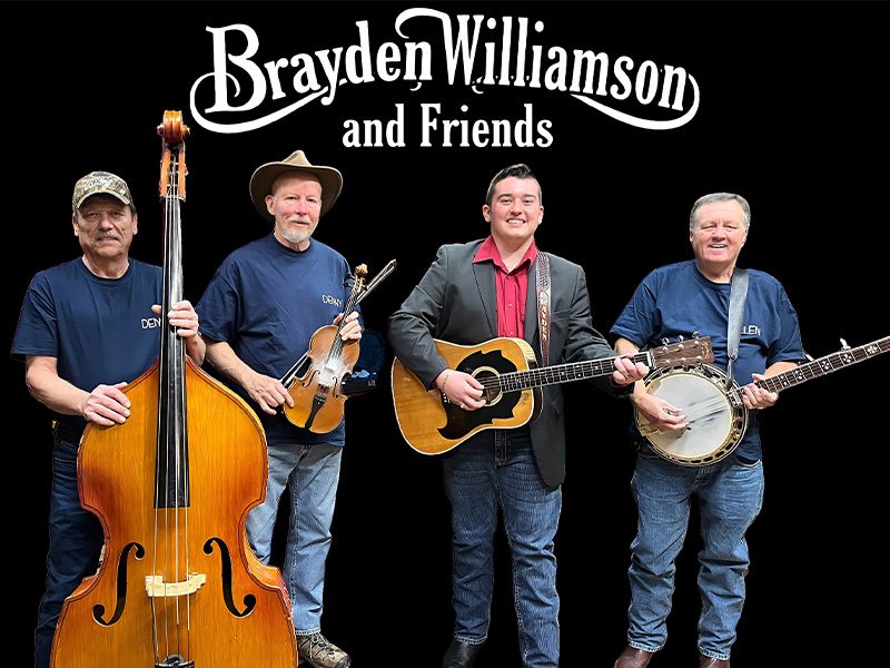 BraydenWilliamson_800x600 Photo of Brayden Williamson and Friends standing with instruments on a black background, and white band logo above them